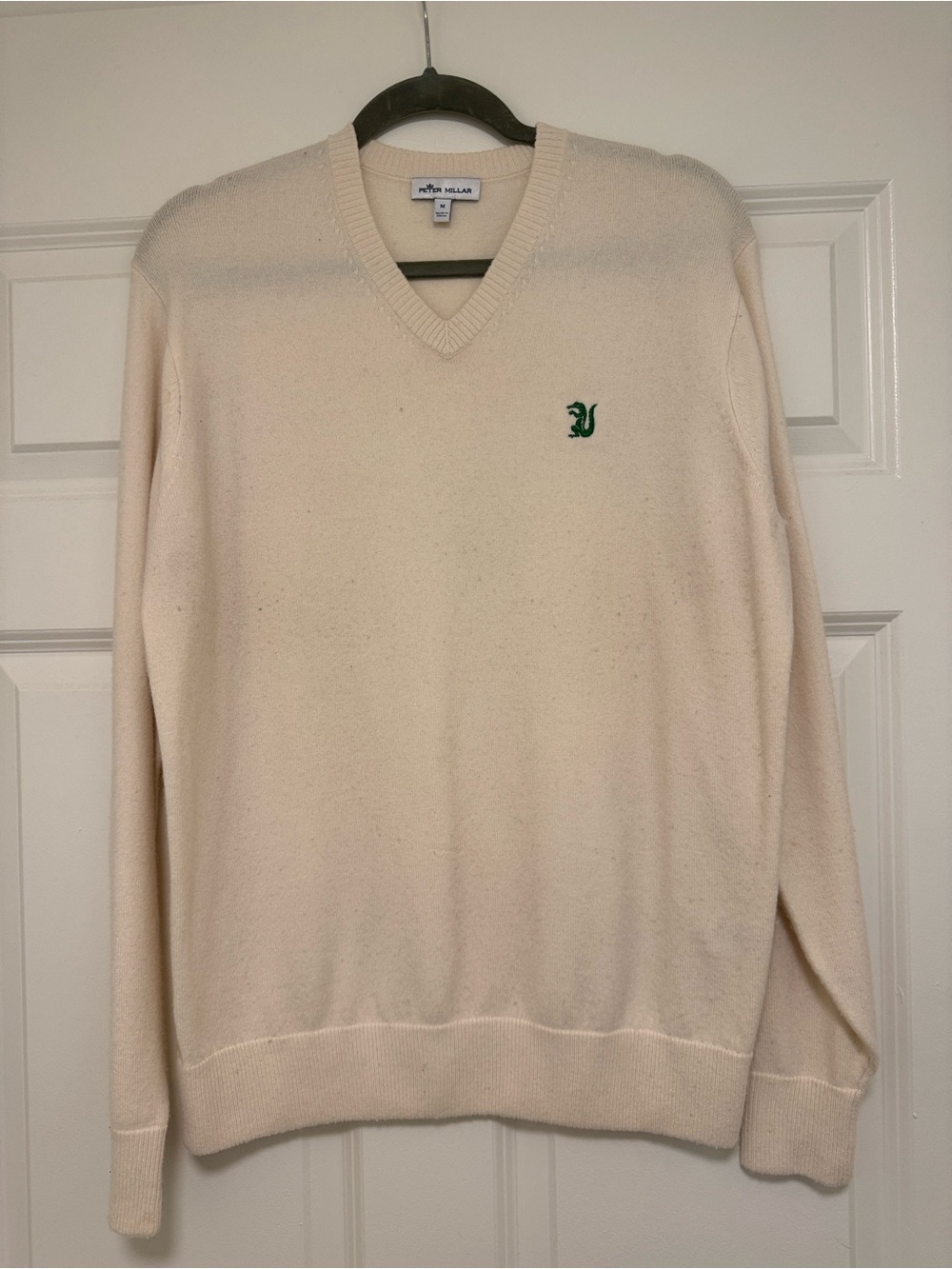 Peter Millar Cream V-Neck Sweater with Green Embroidered Logo